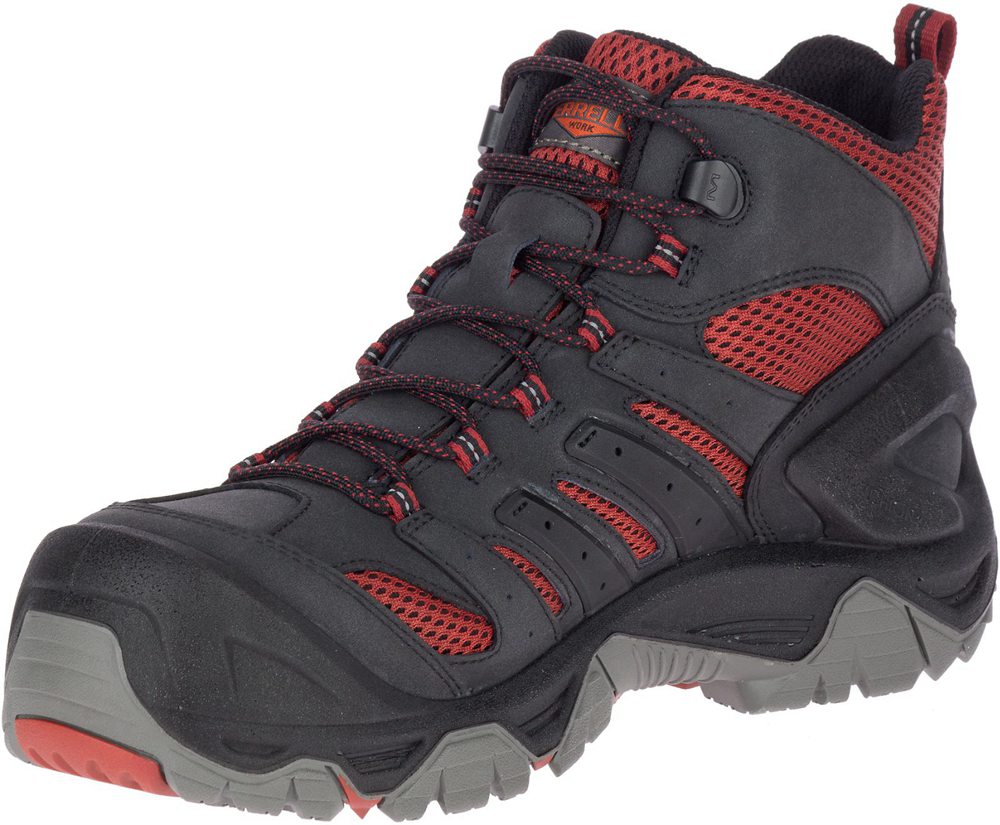 Merrell Work Boots Black/Red - Strongfield Mid Waterproof Comp Toe - Mens 67MXAKZTS